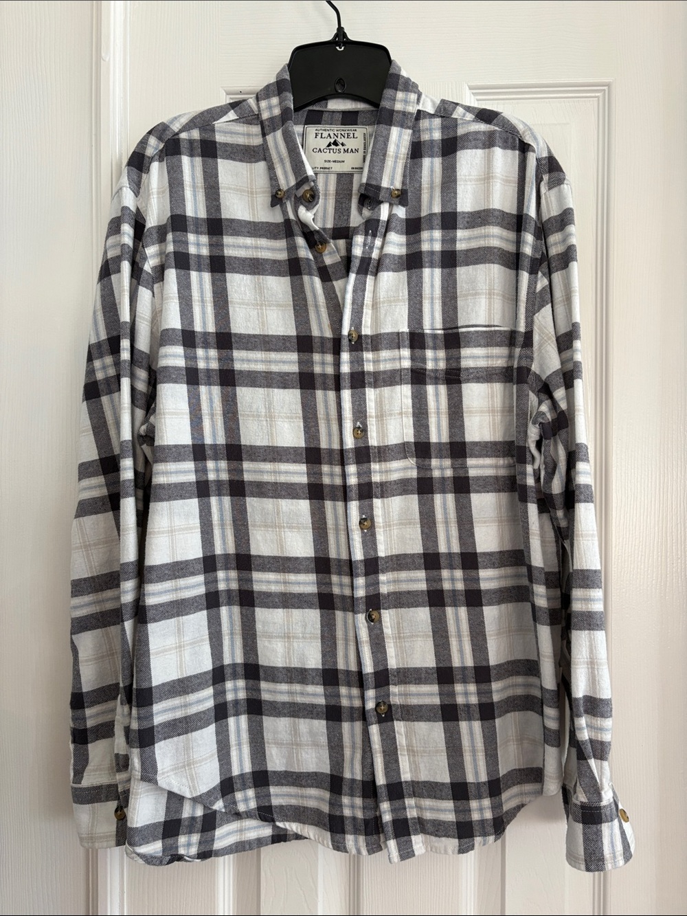 Cactus Men's Gray & White Plaid Flannel cotton long sleeve Shirt Size medium